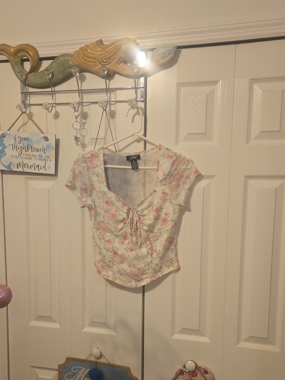 Floral Tie-Front Crop Top - White with Pink